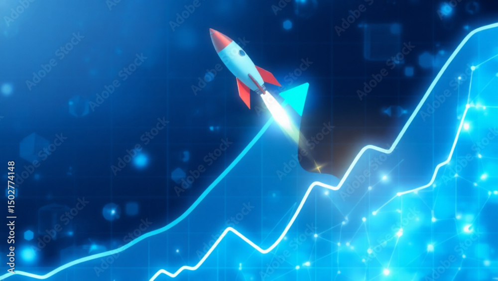Rocket launching over a glowing blue line graph with a dark blue bokeh background design element created with generated ai