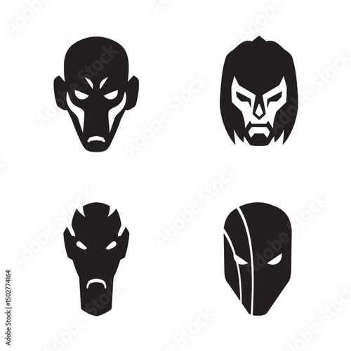 Minimalist black silhouette illustrations of different superhero or villain face masks