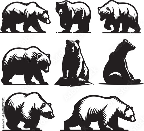 Six Silhouettes of Majestic Grizzly Bears in Various Environments | This set of six black and white silhouettes showcases powerful grizzly bears in different settings, including a grassy plain