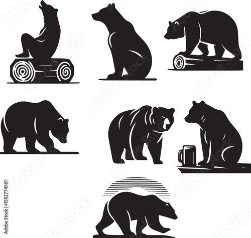 Six Silhouettes of Majestic Grizzly Bears in Various Environments | This set of six black and white silhouettes showcases powerful grizzly bears in different settings, including a grassy plain