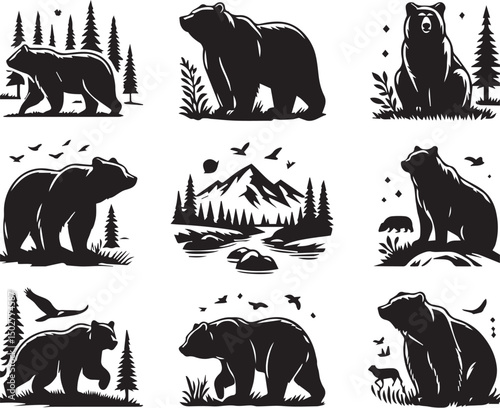 Six Silhouettes of Majestic Grizzly Bears in Various Environments | This set of six black and white silhouettes showcases powerful grizzly bears in different settings, including a grassy plain
