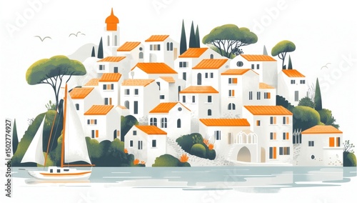 Coastal village with white buildings and orange roofs