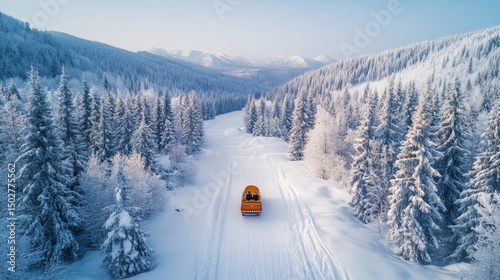 Sleigh gliding through a frosty valley surrounded by snow-laden trees, Generative AI