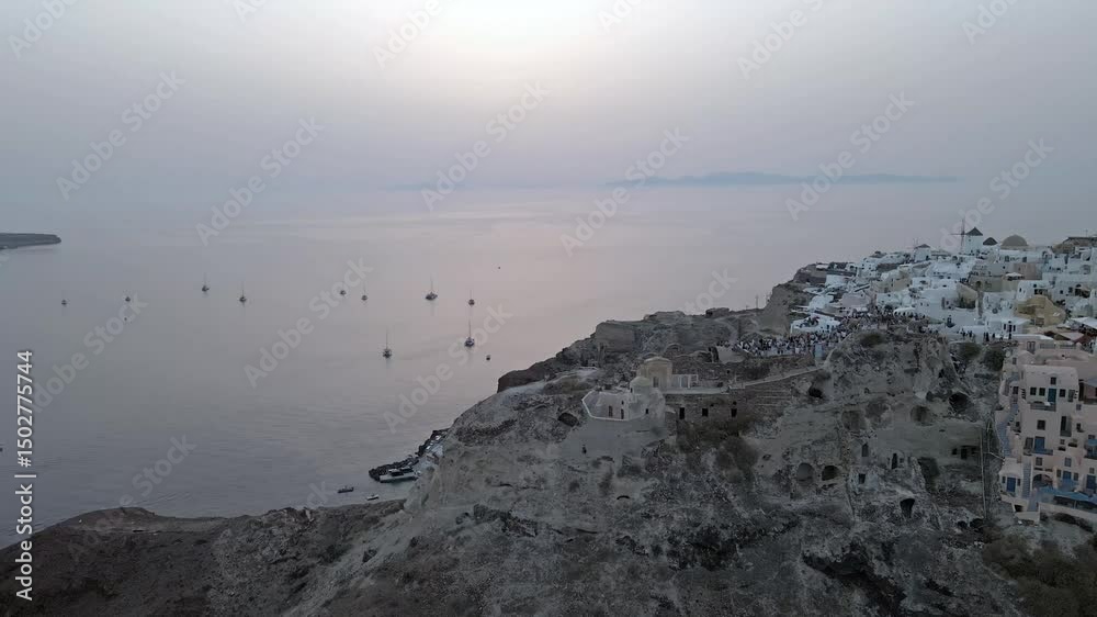 Aerial Drone Flight Over Oia, Santorini, Greece Aerial Drone Flight Over Oia, Santorini, Greece