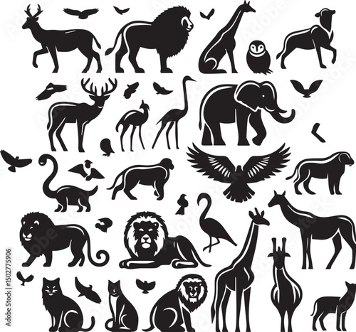 Silhouette Collection of African Wildlife | A comprehensive collection of black and white silhouette illustrations of various African animals, including elephants, lions, giraffes, rhinos, zebras