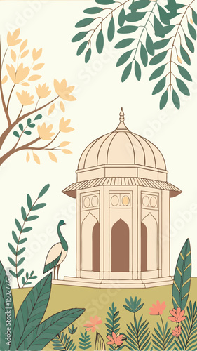 Pastel-toned illustration of a Mughal-style pavilion.