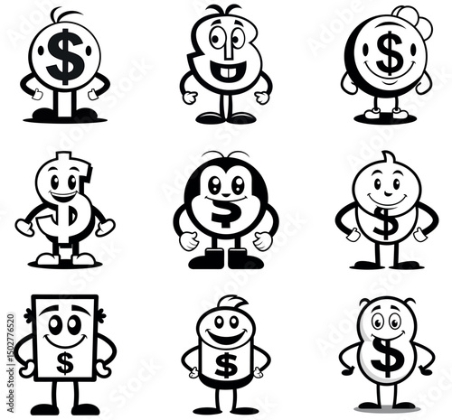 Funny Dollar Coin Characters - Cartoon Money Mascots Collection