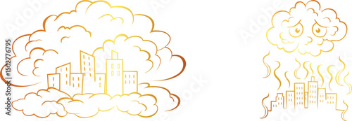 Set of golden Air Pollution Line Art Vector Design | Environmental Smoke and Factory Emission Illustration