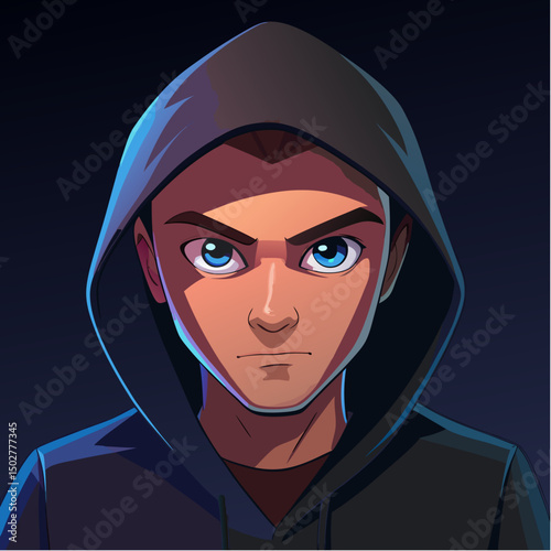 Close-up portrait of a serious young Arab person in a dark hood looking directly with one eye, conveying deep expression and beauty