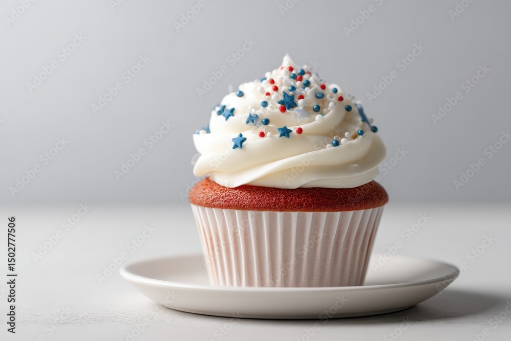Delicious cupcake topped with white frosting and festive sprinkl Delicious cupcake topped with white frosting and festive sprinkl