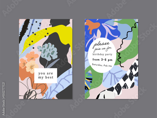 Set of creative floral art posters or cards. Hand Drawn textures. Wedding, anniversary, birthday, Valentin's day, party invitations, covers