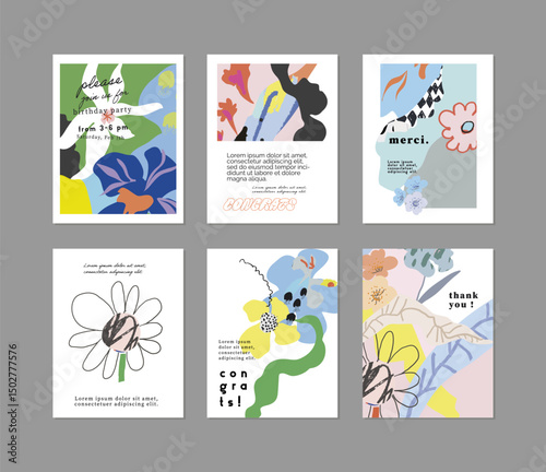 Set of creative floral art posters or cards. Hand Drawn textures. Wedding, anniversary, birthday, Valentin's day, party invitations, covers