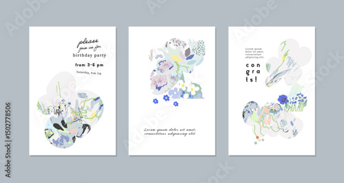 Set of creative floral art posters or cards. Hand Drawn textures. Wedding, anniversary, birthday, Valentin's day, party invitations, covers