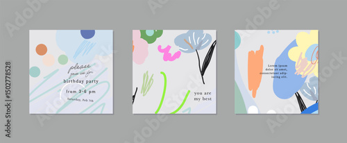 Set of creative floral art posters or cards. Hand Drawn textures. Wedding, anniversary, birthday, Valentin's day, party invitations, covers