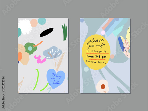 Set of creative floral art posters or cards. Hand Drawn textures. Wedding, anniversary, birthday, Valentin's day, party invitations, covers