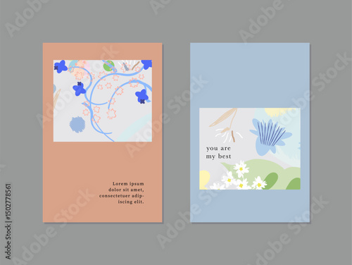 Set of creative floral art posters or cards. Hand Drawn textures. Wedding, anniversary, birthday, Valentin's day, party invitations, covers