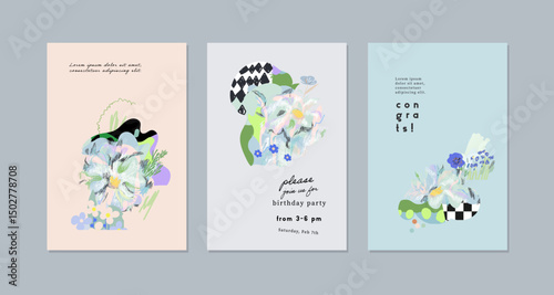 Set of creative floral art posters or cards. Hand Drawn textures. Wedding, anniversary, birthday, Valentin's day, party invitations, covers