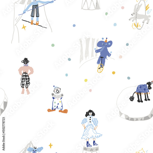 Seamless pattern about circus. Hand drawn vector illustrations