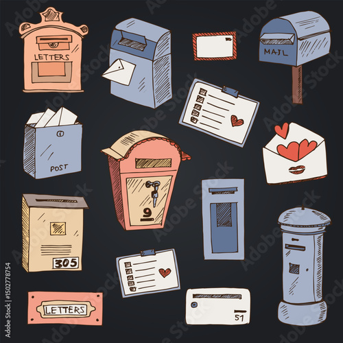 Letter box hand drawn doodle set. Vector illustration. Isolated elements on white background. Symbol collection.