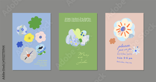 Set of creative floral art posters or cards. Hand Drawn textures. Wedding, anniversary, birthday, Valentin's day, party invitations, covers