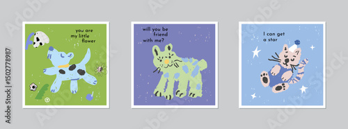 Hand drawn fun background with dog, cat