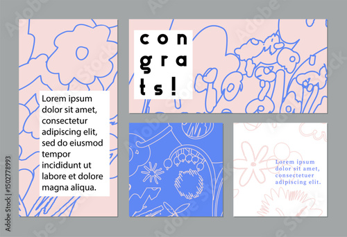 Set of creative floral art posters or cards. Hand Drawn textures. Wedding, anniversary, birthday, Valentin's day, party invitations, covers
