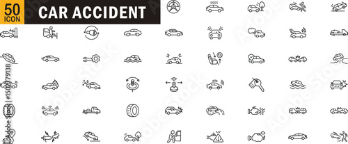 Car accident editable outline icon set. Crash, collision, insurance, emergency, damage and more.

