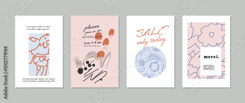 Set of creative floral art posters or cards. Hand Drawn textures. Wedding, anniversary, birthday, Valentin's day, party invitations, covers