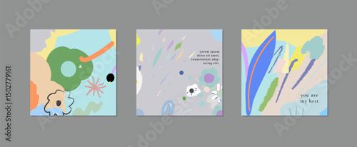 Set of creative floral art posters or cards. Hand Drawn textures. Wedding, anniversary, birthday, Valentin's day, party invitations, covers