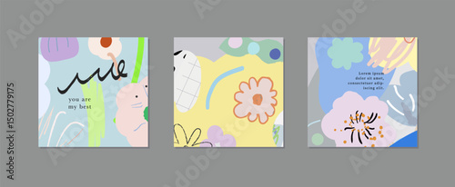 Set of creative floral art posters or cards. Hand Drawn textures. Wedding, anniversary, birthday, Valentin's day, party invitations, covers
