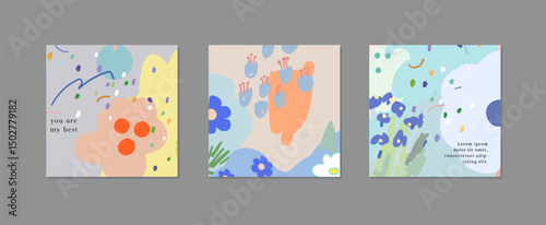 Set of creative floral art posters or cards. Hand Drawn textures. Wedding, anniversary, birthday, Valentin's day, party invitations, covers