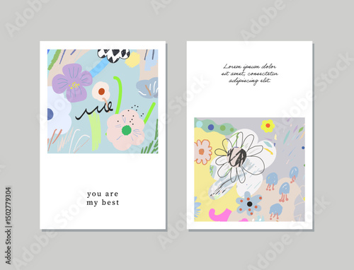 Set of creative floral art posters or cards. Hand Drawn textures. Wedding, anniversary, birthday, Valentin's day, party invitations, covers