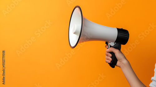 Hand holding an orange megaphone against a yellow background, symbolizing communication and announcement, Hand holding orange megaphone, Made by Generative Ai 