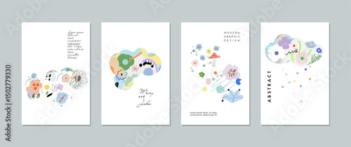 Set of creative floral art posters or cards. Hand Drawn textures. Wedding, anniversary, birthday, Valentin's day, party invitations, covers