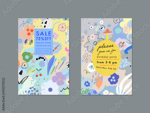 Set of creative floral art posters or cards. Hand Drawn textures. Wedding, anniversary, birthday, Valentin's day, party invitations, covers