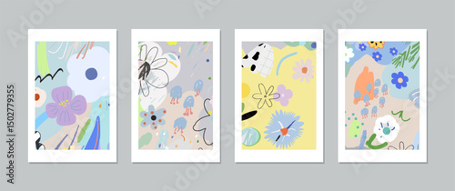 Set of creative floral art posters or cards. Hand Drawn textures. Wedding, anniversary, birthday, Valentin's day, party invitations, covers