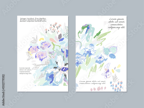 Set of creative floral art posters or cards. Hand Drawn textures. Wedding, anniversary, birthday, Valentin's day, party invitations, covers