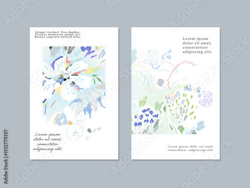 Set of creative floral art posters or cards. Hand Drawn textures. Wedding, anniversary, birthday, Valentin's day, party invitations, covers
