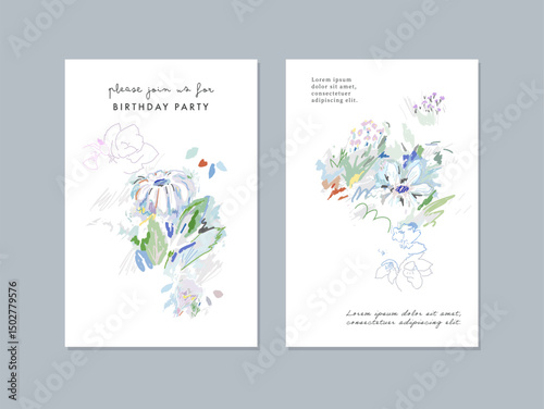 Set of creative floral art posters or cards. Hand Drawn textures. Wedding, anniversary, birthday, Valentin's day, party invitations, covers