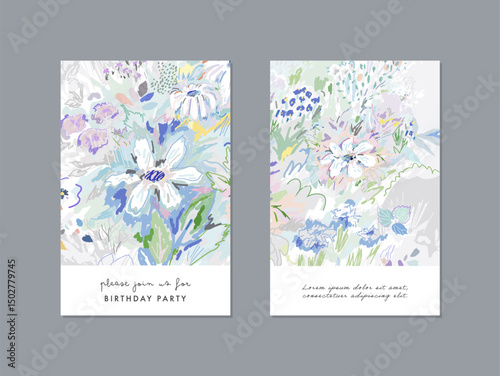 Set of creative floral art posters or cards. Hand Drawn textures. Wedding, anniversary, birthday, Valentin's day, party invitations, covers