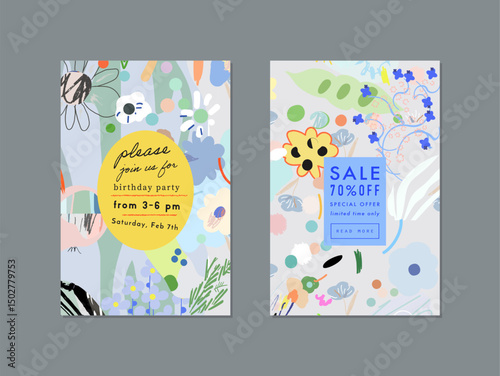 Set of creative floral art posters or cards. Hand Drawn textures. Wedding, anniversary, birthday, Valentin's day, party invitations, covers
