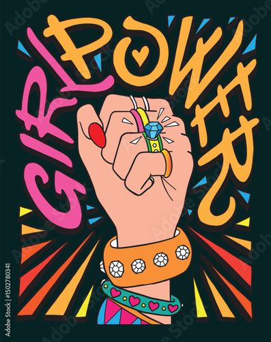 Girl Power Fist Vector Illustration with Colorful Bracelets and Bold Typography