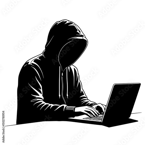 Anonymous hacker using laptop computer isolated on transparent background