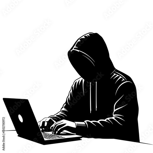 Anonymous hacker using laptop computer isolated on transparent background