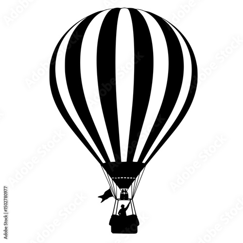 Black and white striped hot air balloon silhouette isolated on transparent background