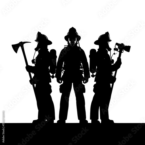 Three firefighters silhouettes with equipment isolated on transparent background