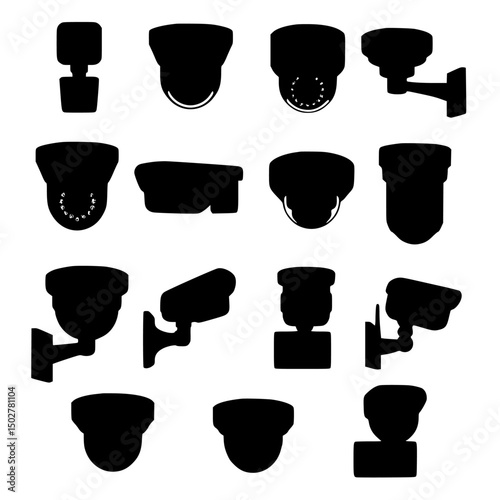 Collection of security camera icons isolated on transparent background