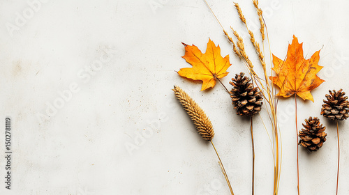 small group of fall leaves, pinecones, and dry grass gently placed on a clean, textured surface