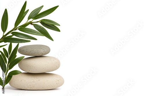 Speckled Stones and Green Leaves on White Background