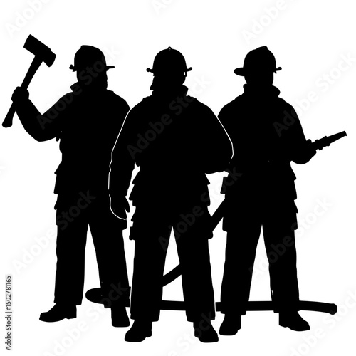 Three firefighters silhouettes with axes isolated on transparent background